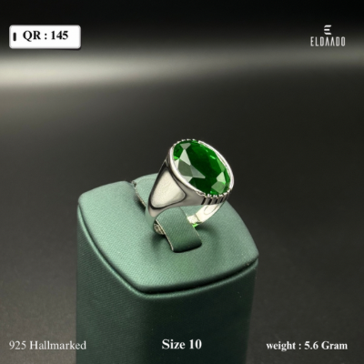Pure 925 Italian Silver Men’s Ring with Green Zircone Stone – 5.6 Gram, Size 10 US