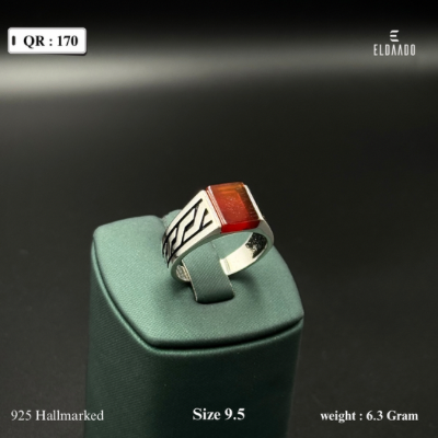 Pure 925 Silver Men's Ring with Synthetic Red Aqeeq Stone – 6.3 Gram, Size 9.5 US