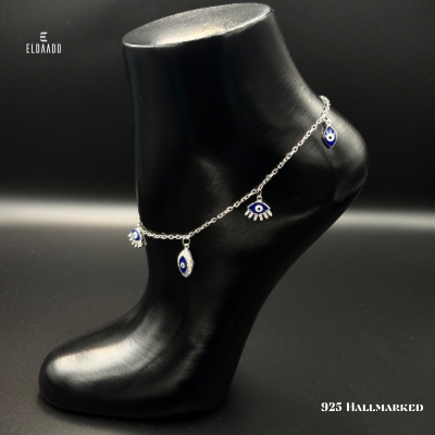Protection Drop Anklet-925 Italian Silver Single Anklet with Hanging Evil Eye Drops