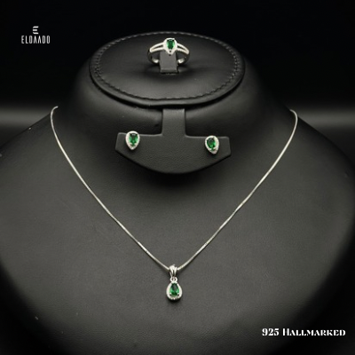 Pure 925 Italian Silver Full Jewelry Set for Women with Emerald Color Zircon