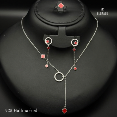 Elegant 925 Italian Silver Women’s Set with Red Clover Design – 7.9 Gram