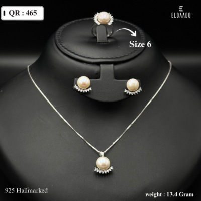 925 Silver Women’s Jewelry Set – Necklace, Earrings & Ring with Freshwater Pearls – 13.4 Gram