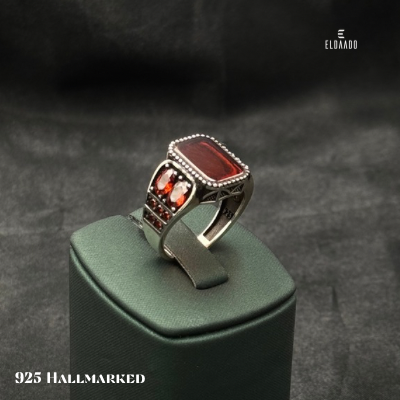 925 Silver Turkish Retro Style Men’s Ring with Red Zircon Stone