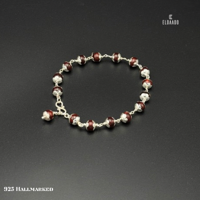 Red Sandalwood Beads Bracelet with Pure 925 Silver – 8 Inch + 1 Inch Extension