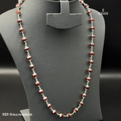 54 Red Sandalwood Beads Chain with Pure 925 Silver – 30 Inch