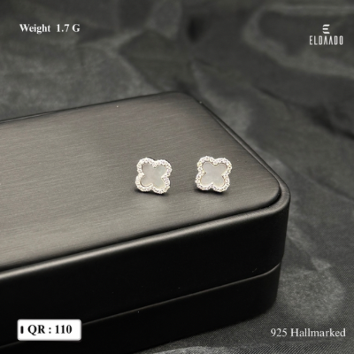 925 Italian Silver Mother of Pearl Clover Studs with Cubic Zirconia – 1.7 Gram
