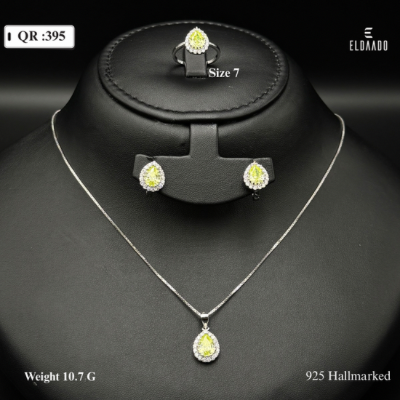 925 Silver Yellow Zircone Stone Jewelry Set for Women – 10.7 Gram | Necklace, Earrings & Ring