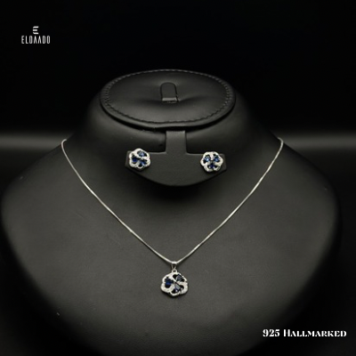 925 Italian Silver 3 Leaf Clover Necklace & Earring Set with Blue Zircon for Women