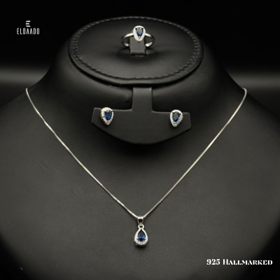 Pure 925 Italian Silver Full  Set for Women – Necklace, Earrings & Ring with Blue Zircon
