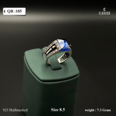 925 Sterling Silver Turkish/Ottoman Men’s Ring with Blue Sapphire-Color Stone – 6.8 g