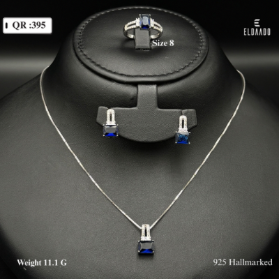 925 Italian Silver Blue Sapphire Color Stone Jewelry Set for Women – 11.1 Gram | Necklace, Earrings & Ring”